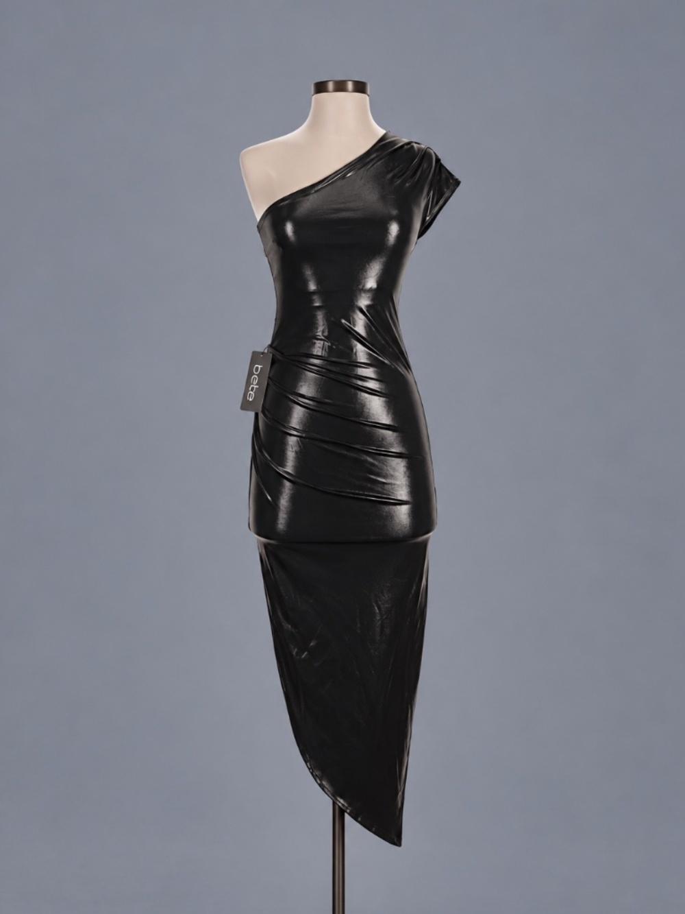 Bebe Silver Black One Shoulder Asymmetrical Dress – Size XS – NWT